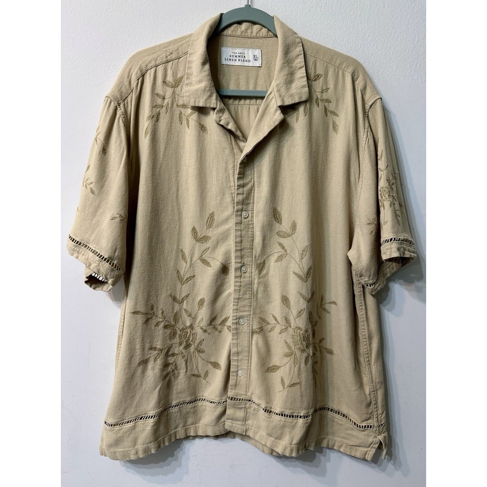 Abercrombie & Fitch Mens XL Summer Linen Blend Embroidered Camp Shirt Tan Beige
